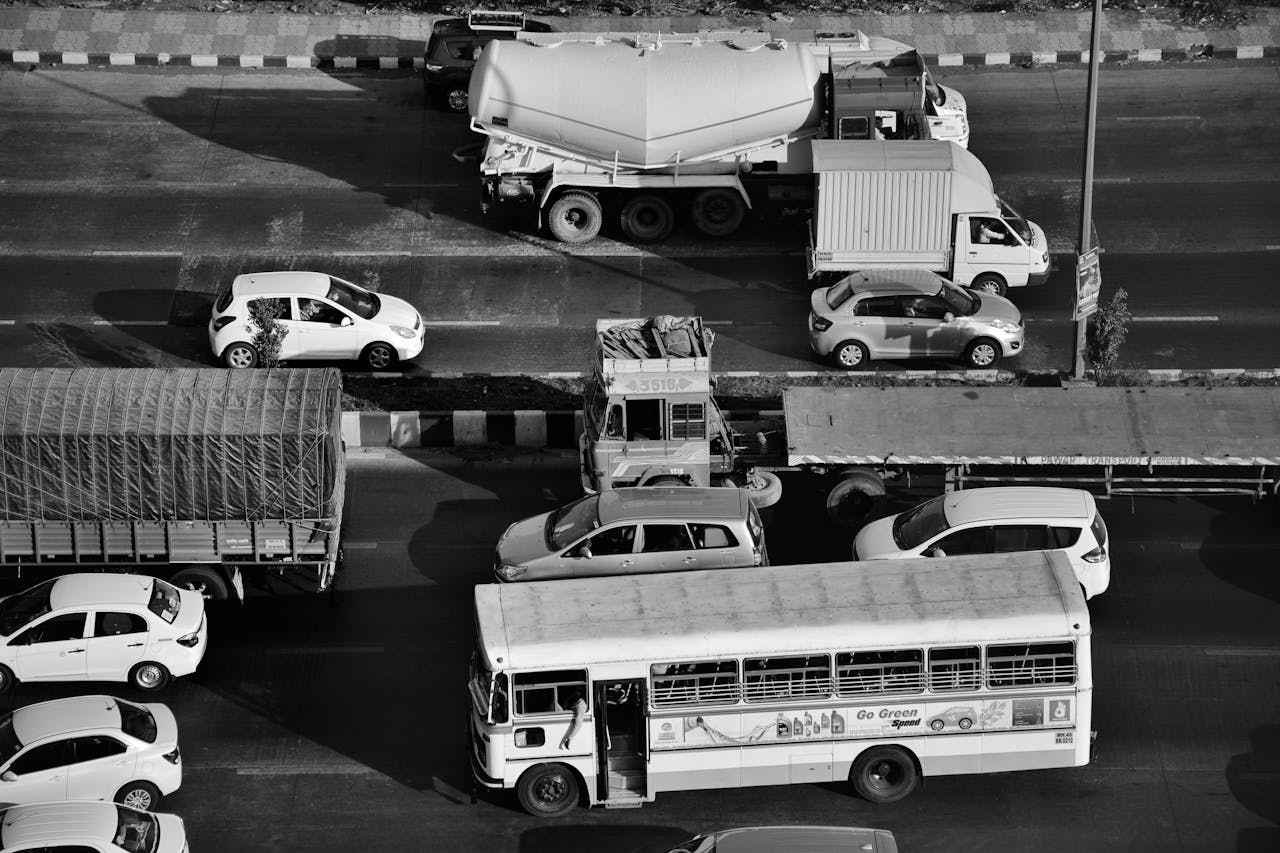 A black and white photo of a traffic jam